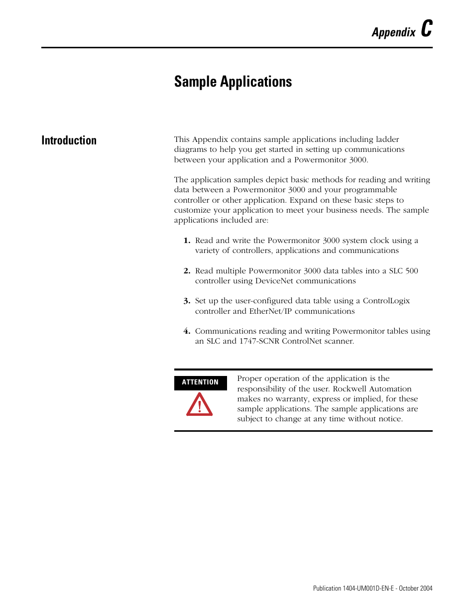 C - sample applications, Introduction, Appendix c | Sample applications, Appendix | Rockwell Automation 1404-M4_M5_M6_M8 Powermonitor 3000 User Manual, PRIOR to Firmware rev. 3.0 User Manual | Page 255 / 356