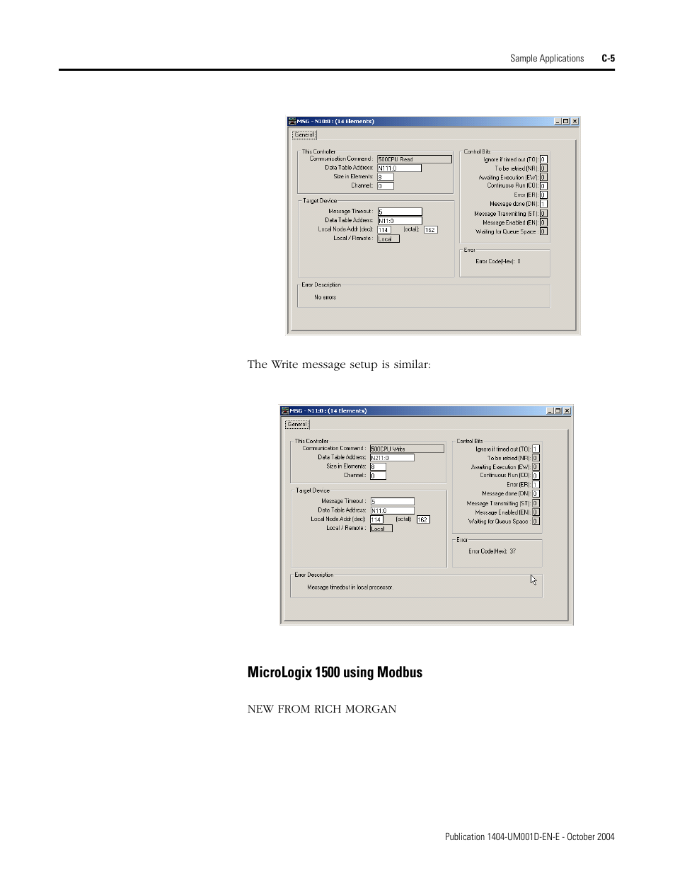 Micrologix 1500 using modbus | Rockwell Automation 1404-M4_M5_M6_M8 Powermonitor 3000 User Manual, PRIOR to Firmware rev. 3.0 User Manual | Page 259 / 356