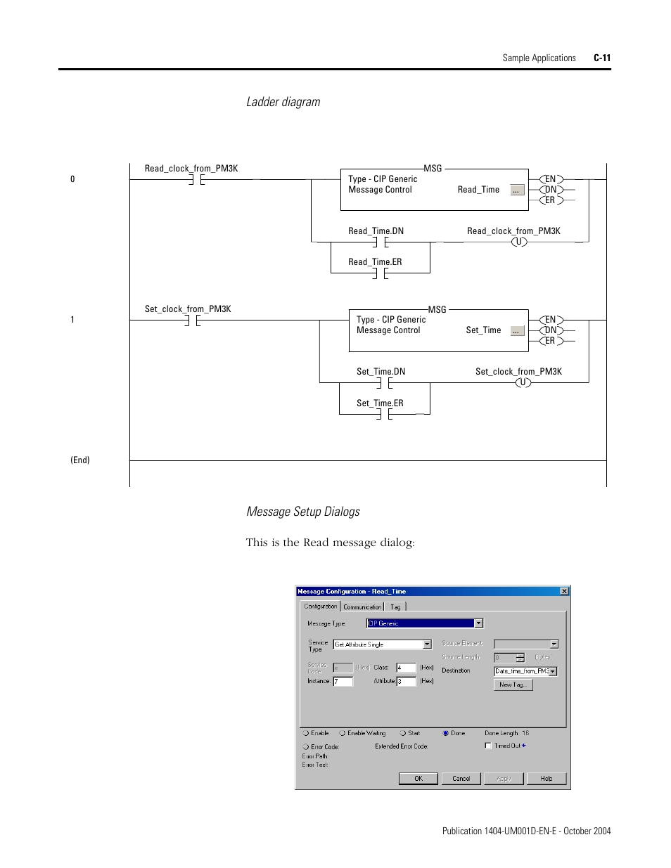 Ladder diagram message setup dialogs, This is the read message dialog | Rockwell Automation 1404-M4_M5_M6_M8 Powermonitor 3000 User Manual, PRIOR to Firmware rev. 3.0 User Manual | Page 265 / 356