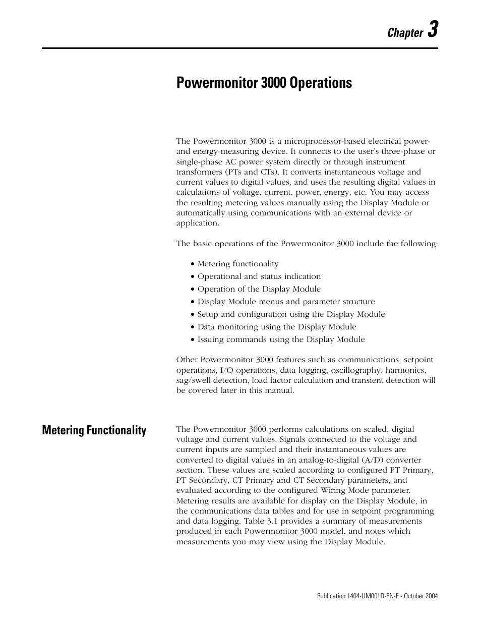 3 - powermonitor 3000 operations, Metering functionality, Chapter 3 | Powermonitor 3000 operations, Metering functionality -1 | Rockwell Automation 1404-M4_M5_M6_M8 Powermonitor 3000 User Manual, PRIOR to Firmware rev. 3.0 User Manual | Page 27 / 356