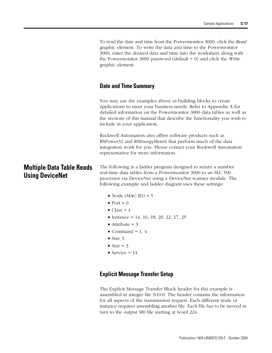 Date and time summary, Multiple data table reads using devicenet, Explicit message transfer setup | Rockwell Automation 1404-M4_M5_M6_M8 Powermonitor 3000 User Manual, PRIOR to Firmware rev. 3.0 User Manual | Page 271 / 356