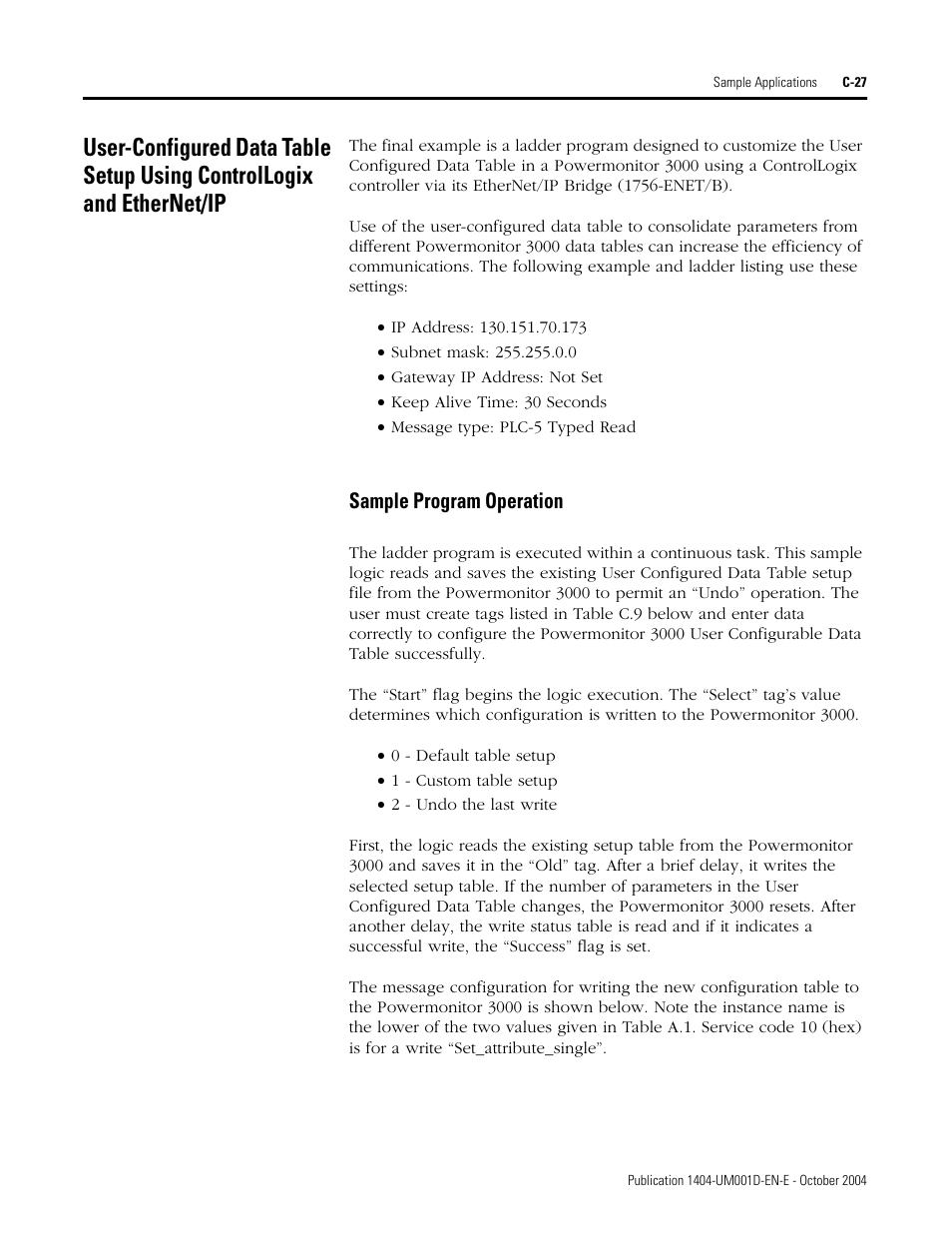 Sample program operation | Rockwell Automation 1404-M4_M5_M6_M8 Powermonitor 3000 User Manual, PRIOR to Firmware rev. 3.0 User Manual | Page 281 / 356