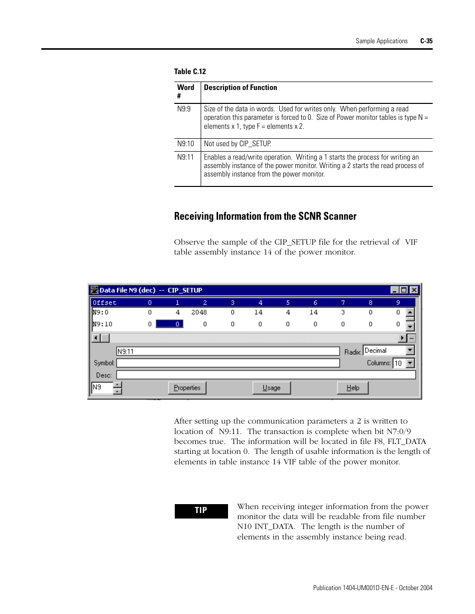 Receiving information from the scnr scanner | Rockwell Automation 1404-M4_M5_M6_M8 Powermonitor 3000 User Manual, PRIOR to Firmware rev. 3.0 User Manual | Page 289 / 356