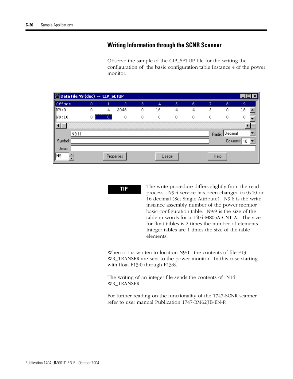 Writing information through the scnr scanner | Rockwell Automation 1404-M4_M5_M6_M8 Powermonitor 3000 User Manual, PRIOR to Firmware rev. 3.0 User Manual | Page 290 / 356