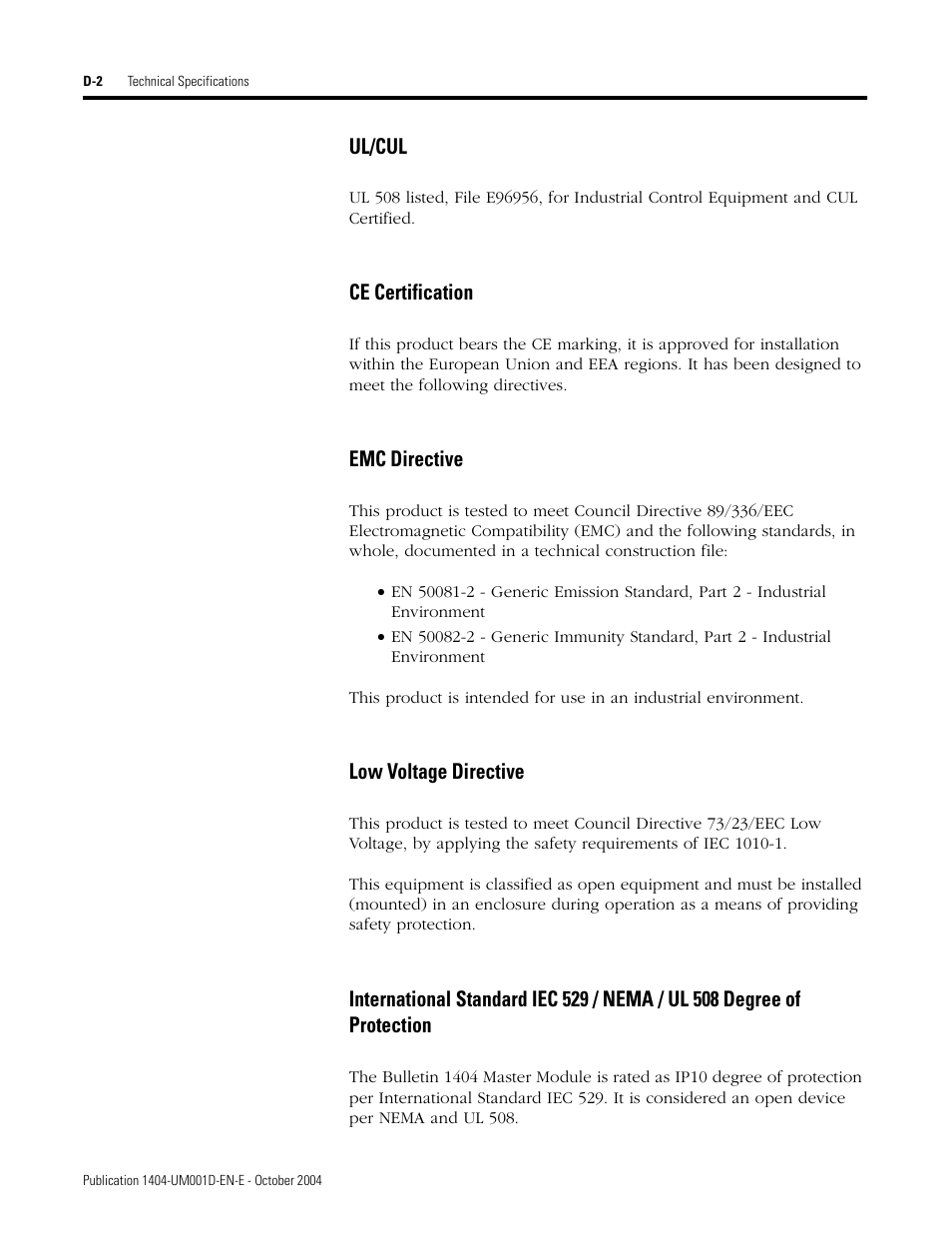 Ul/cul, Ce certification, Emc directive | Low voltage directive | Rockwell Automation 1404-M4_M5_M6_M8 Powermonitor 3000 User Manual, PRIOR to Firmware rev. 3.0 User Manual | Page 300 / 356