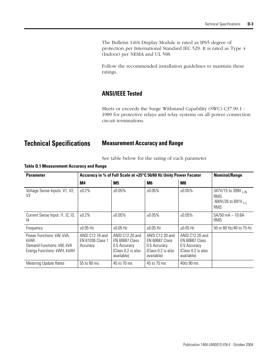 Ansi/ieee tested, Technical specifications, Measurement accuracy and range | Rockwell Automation 1404-M4_M5_M6_M8 Powermonitor 3000 User Manual, PRIOR to Firmware rev. 3.0 User Manual | Page 301 / 356