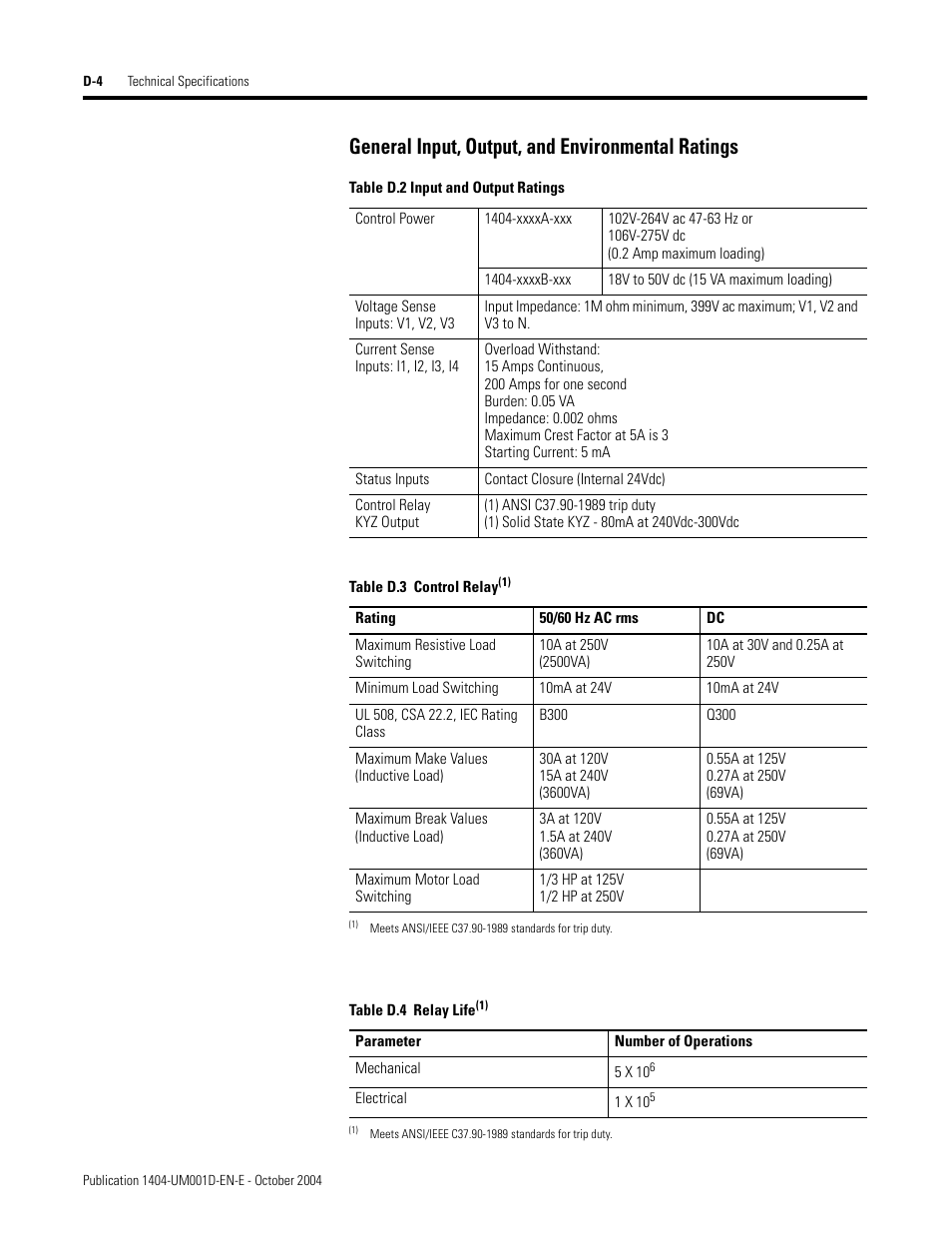 General input, output, and environmental ratings | Rockwell Automation 1404-M4_M5_M6_M8 Powermonitor 3000 User Manual, PRIOR to Firmware rev. 3.0 User Manual | Page 302 / 356