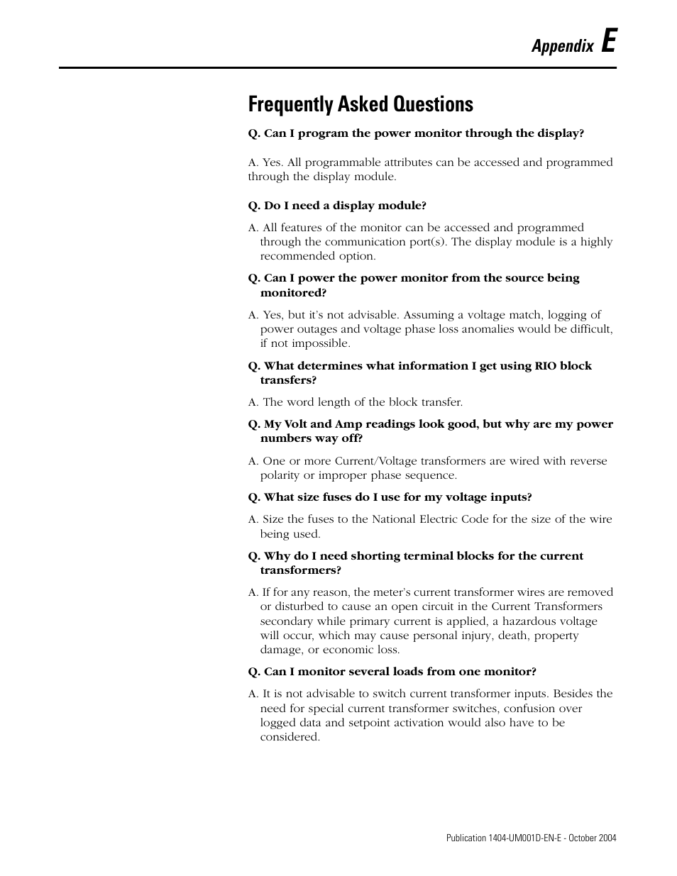 E - frequently asked questions, Appendix e, Frequently asked questions | Appendix | Rockwell Automation 1404-M4_M5_M6_M8 Powermonitor 3000 User Manual, PRIOR to Firmware rev. 3.0 User Manual | Page 305 / 356