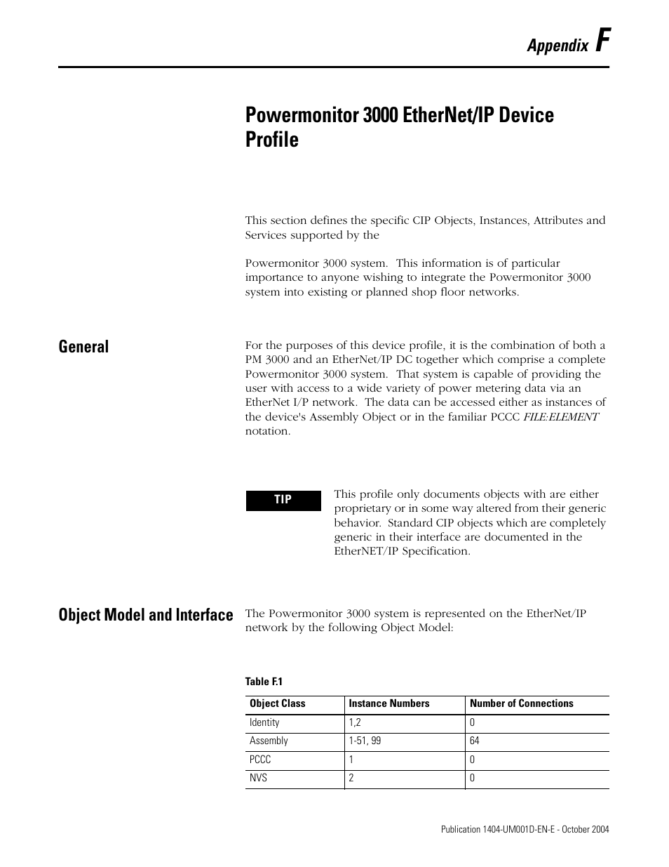 F - powermonitor 3000 ethernet/ip device profile, General, Object model and interface | Appendix f, Powermonitor 3000 ethernet/ip device profile, Appendix | Rockwell Automation 1404-M4_M5_M6_M8 Powermonitor 3000 User Manual, PRIOR to Firmware rev. 3.0 User Manual | Page 307 / 356