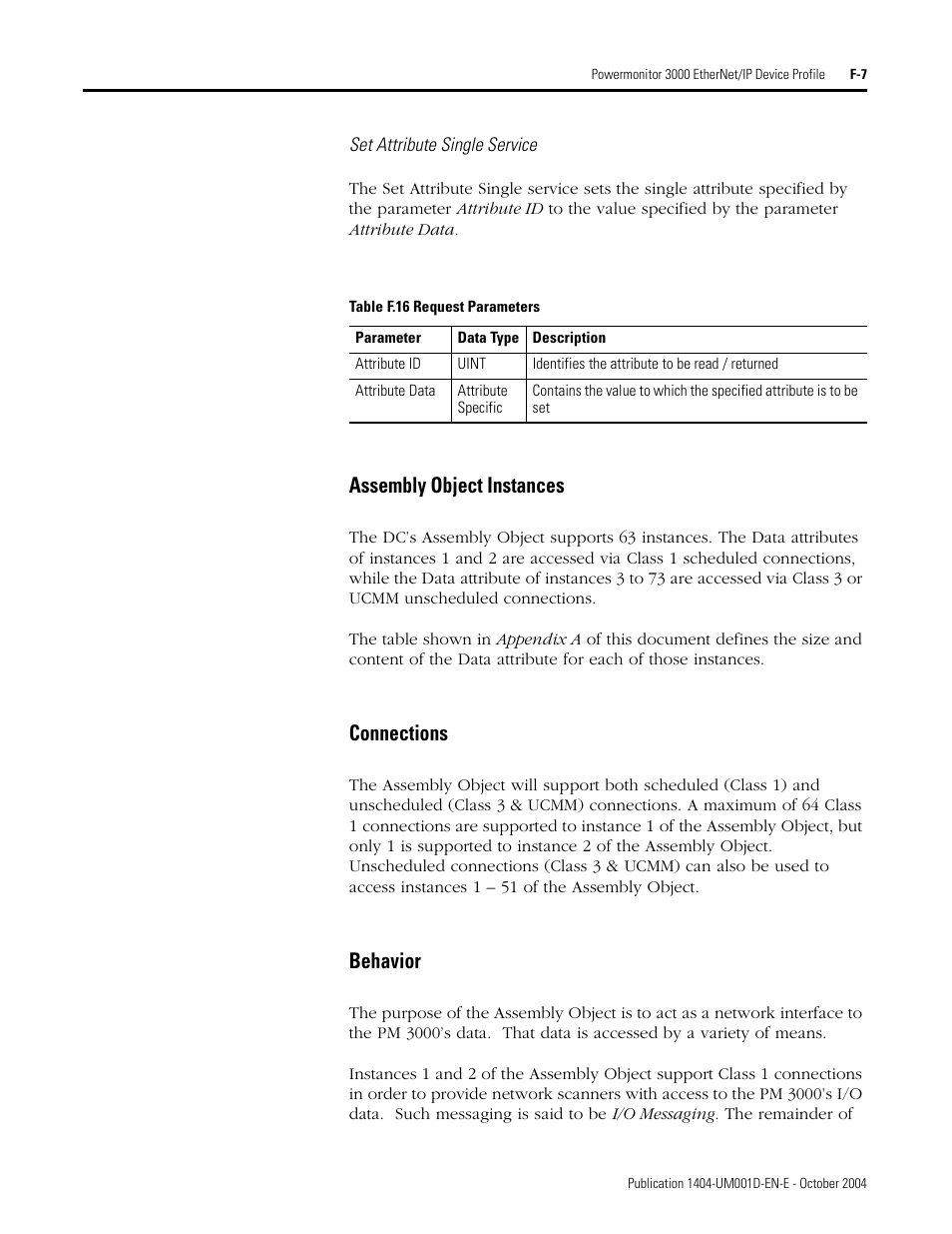 Assembly object instances, Connections, Behavior | Rockwell Automation 1404-M4_M5_M6_M8 Powermonitor 3000 User Manual, PRIOR to Firmware rev. 3.0 User Manual | Page 313 / 356