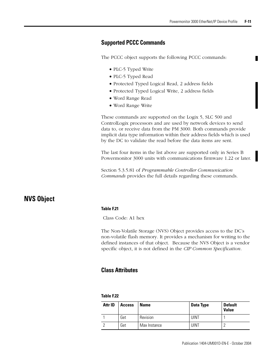 Supported pccc commands, Nvs object, Class attributes | Rockwell Automation 1404-M4_M5_M6_M8 Powermonitor 3000 User Manual, PRIOR to Firmware rev. 3.0 User Manual | Page 317 / 356