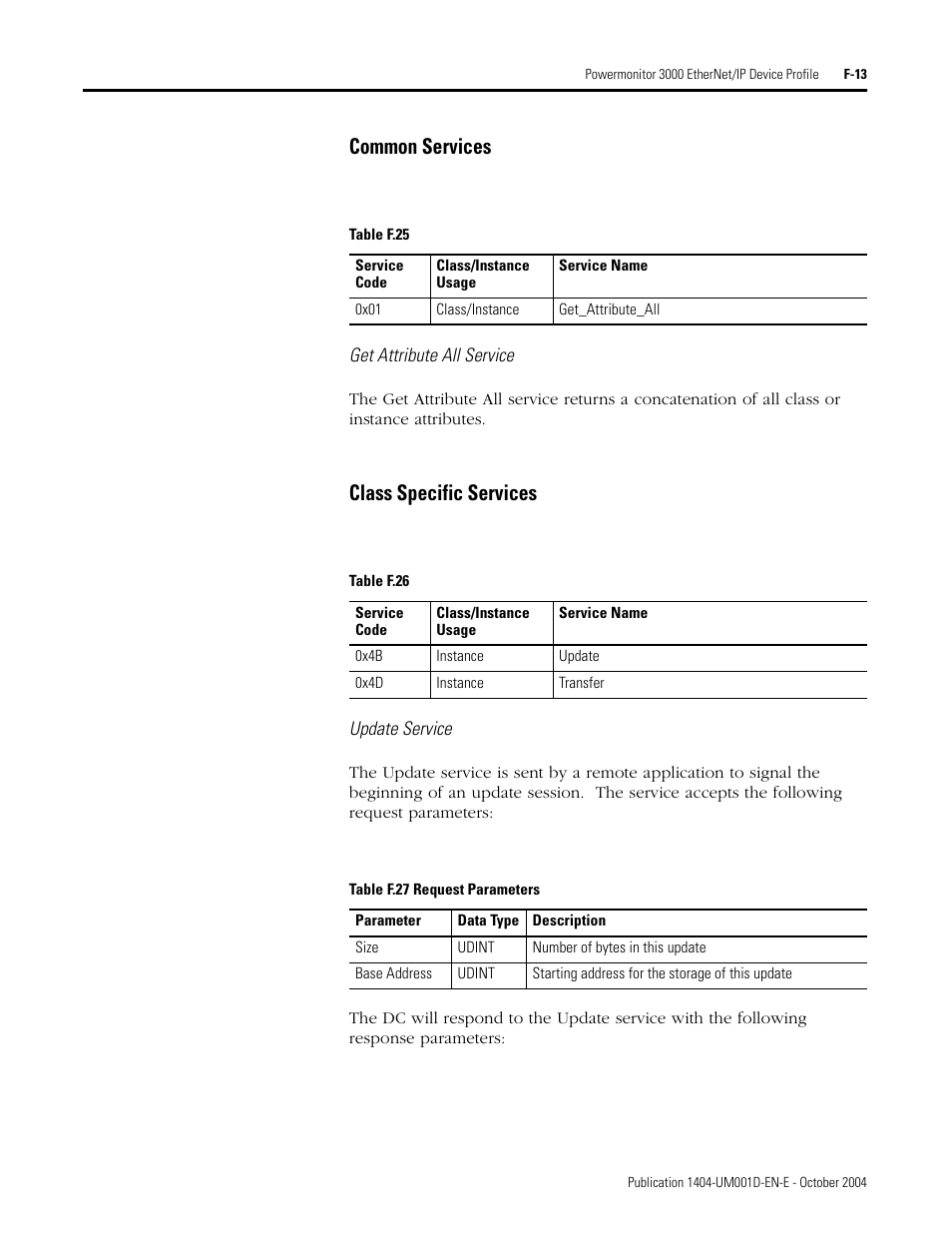 Common services, Class specific services | Rockwell Automation 1404-M4_M5_M6_M8 Powermonitor 3000 User Manual, PRIOR to Firmware rev. 3.0 User Manual | Page 319 / 356