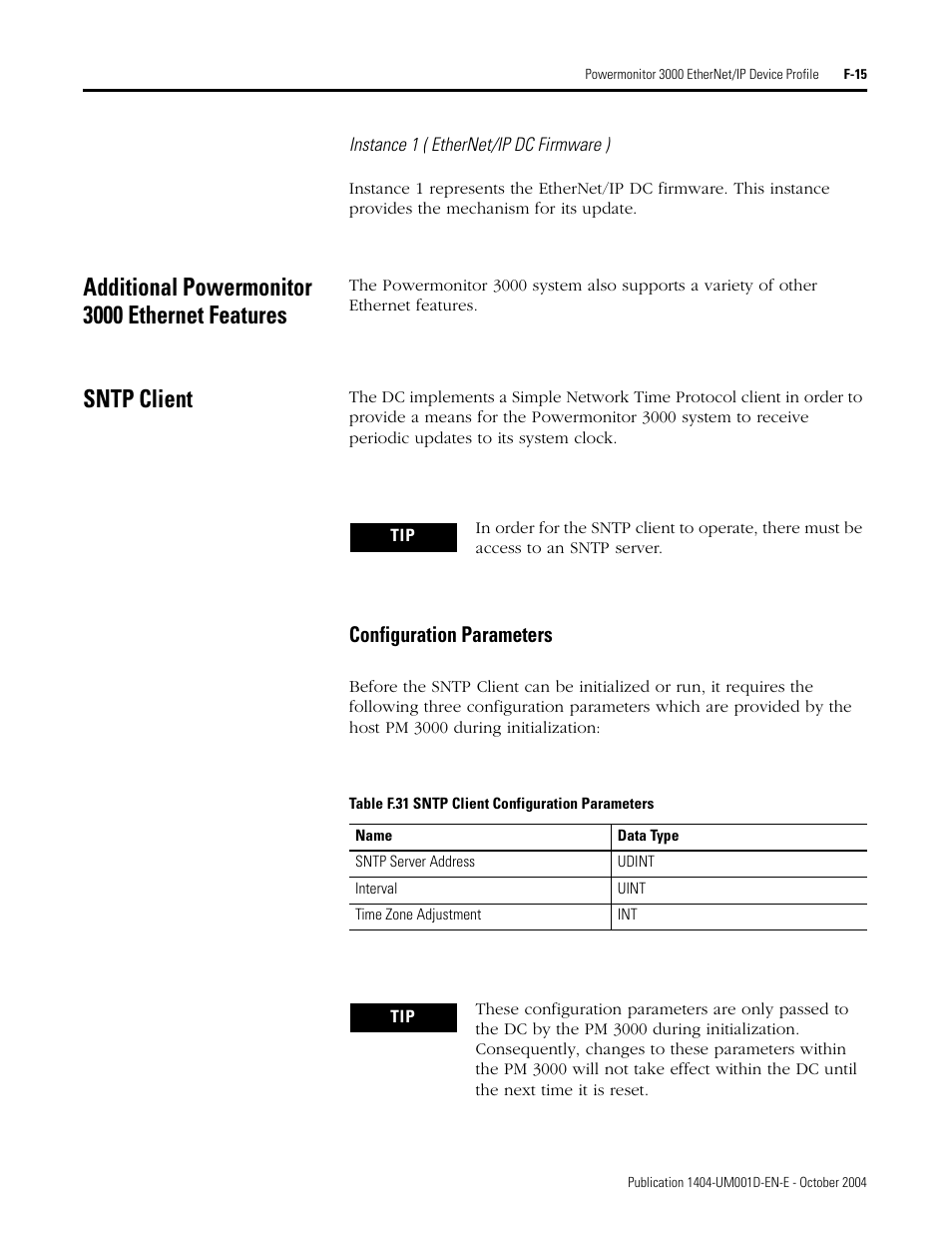 Additional powermonitor 3000 ethernet features, Sntp client, Configuration parameters | Rockwell Automation 1404-M4_M5_M6_M8 Powermonitor 3000 User Manual, PRIOR to Firmware rev. 3.0 User Manual | Page 321 / 356