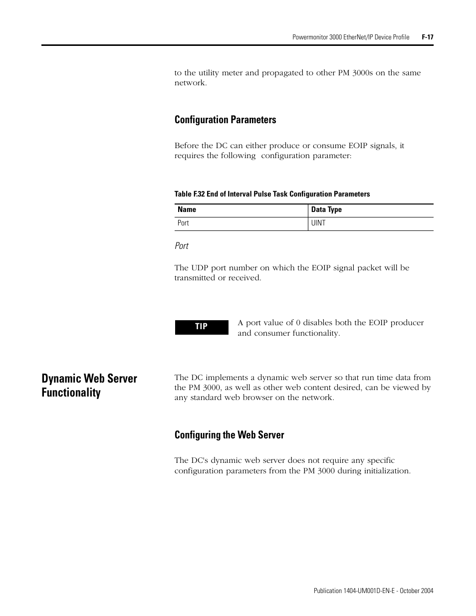 Configuration parameters, Dynamic web server functionality, Configuring the web server | Rockwell Automation 1404-M4_M5_M6_M8 Powermonitor 3000 User Manual, PRIOR to Firmware rev. 3.0 User Manual | Page 323 / 356