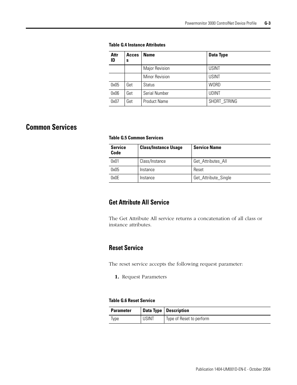 Common services, Get attribute all service, Reset service | Rockwell Automation 1404-M4_M5_M6_M8 Powermonitor 3000 User Manual, PRIOR to Firmware rev. 3.0 User Manual | Page 327 / 356