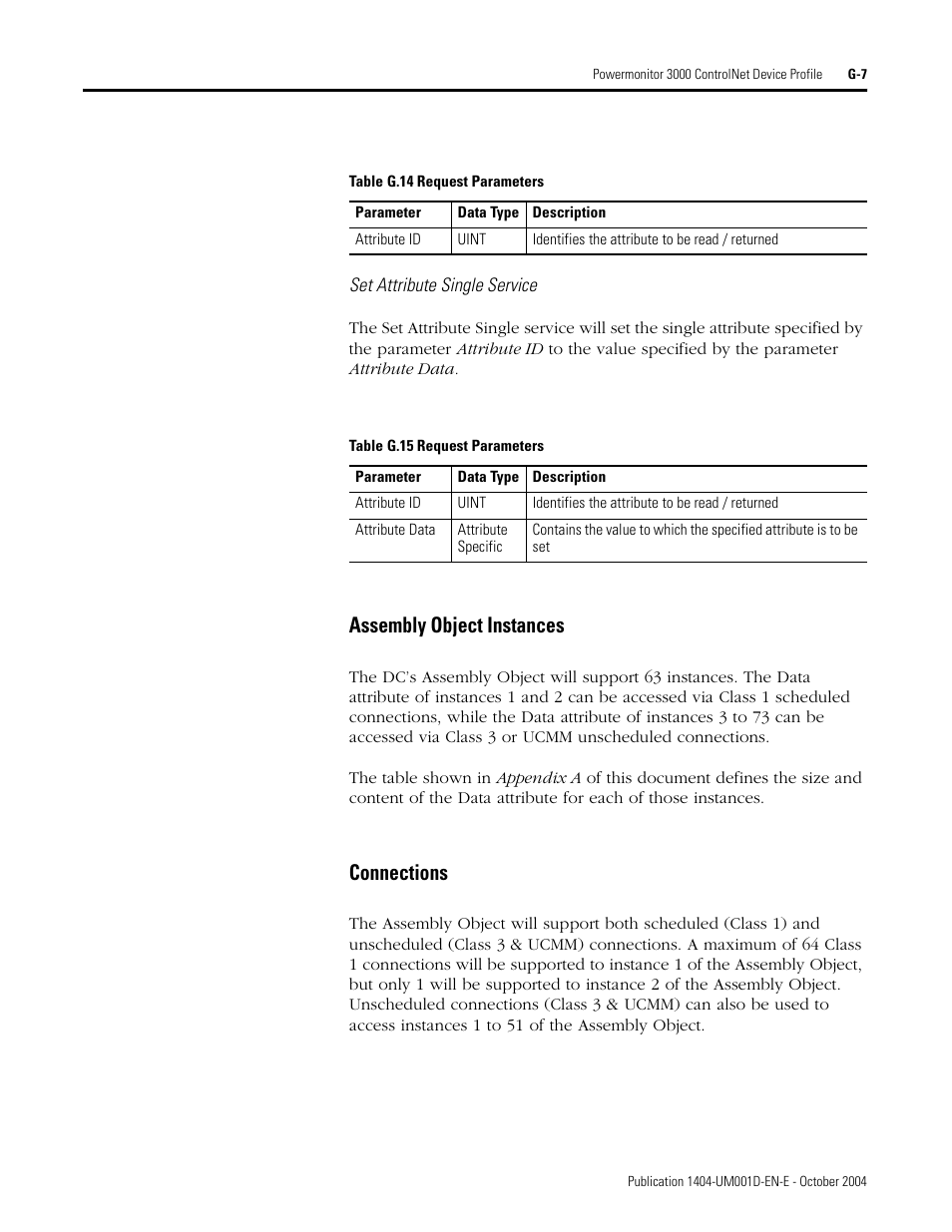 Assembly object instances, Connections | Rockwell Automation 1404-M4_M5_M6_M8 Powermonitor 3000 User Manual, PRIOR to Firmware rev. 3.0 User Manual | Page 331 / 356