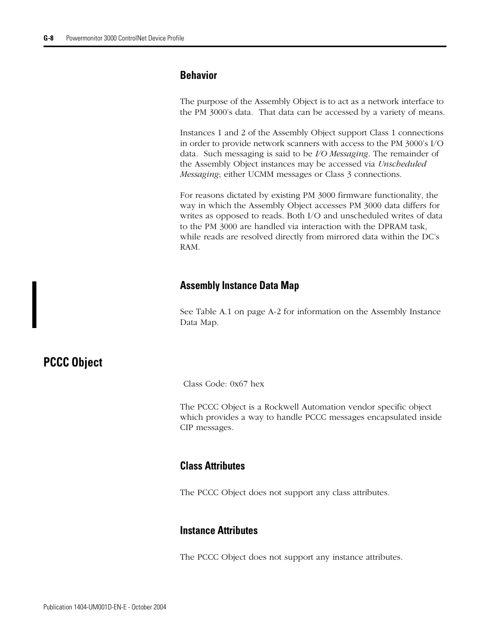 Behavior, Assembly instance data map, Pccc object | Class attributes, Instance attributes | Rockwell Automation 1404-M4_M5_M6_M8 Powermonitor 3000 User Manual, PRIOR to Firmware rev. 3.0 User Manual | Page 332 / 356