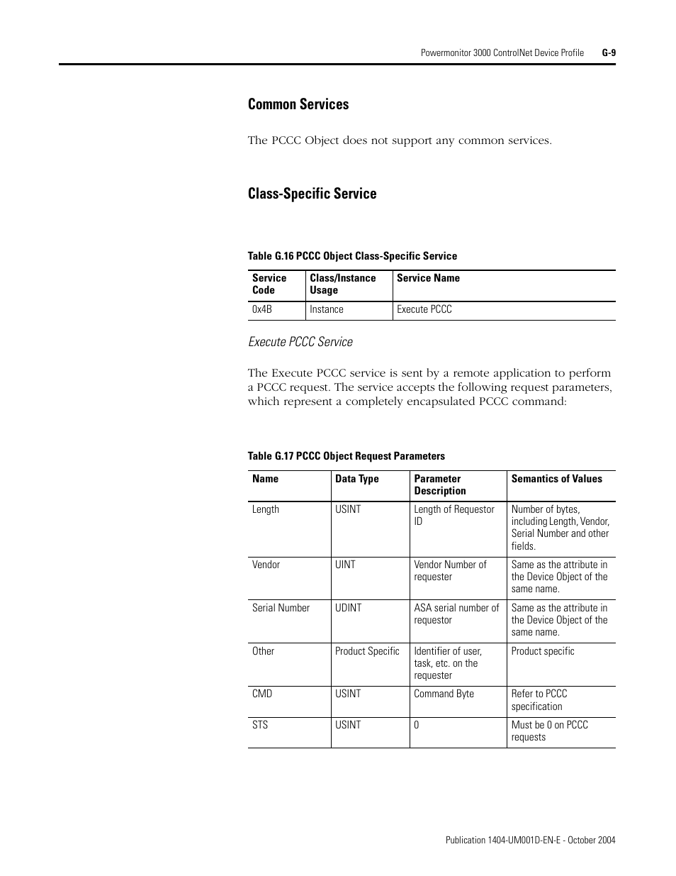 Common services, Class-specific service | Rockwell Automation 1404-M4_M5_M6_M8 Powermonitor 3000 User Manual, PRIOR to Firmware rev. 3.0 User Manual | Page 333 / 356