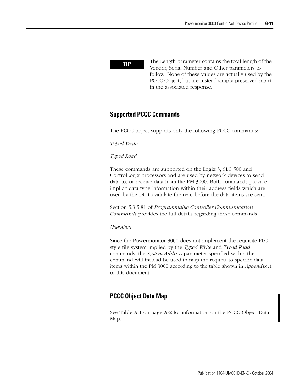 Supported pccc commands, Pccc object data map | Rockwell Automation 1404-M4_M5_M6_M8 Powermonitor 3000 User Manual, PRIOR to Firmware rev. 3.0 User Manual | Page 335 / 356