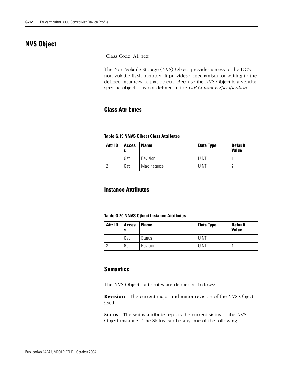 Nvs object, Class attributes, Instance attributes | Semantics, Class attributes instance attributes semantics | Rockwell Automation 1404-M4_M5_M6_M8 Powermonitor 3000 User Manual, PRIOR to Firmware rev. 3.0 User Manual | Page 336 / 356