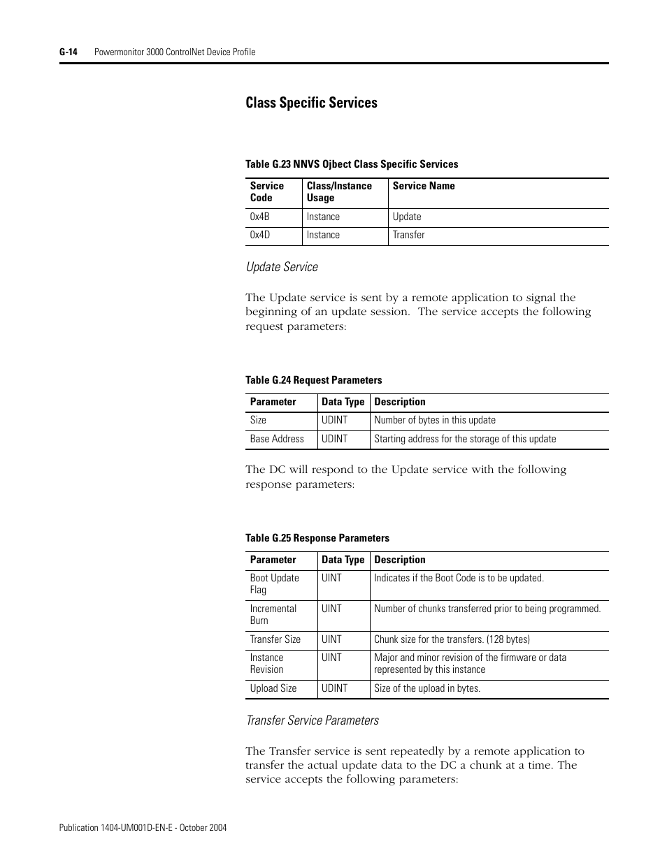 Class specific services | Rockwell Automation 1404-M4_M5_M6_M8 Powermonitor 3000 User Manual, PRIOR to Firmware rev. 3.0 User Manual | Page 338 / 356