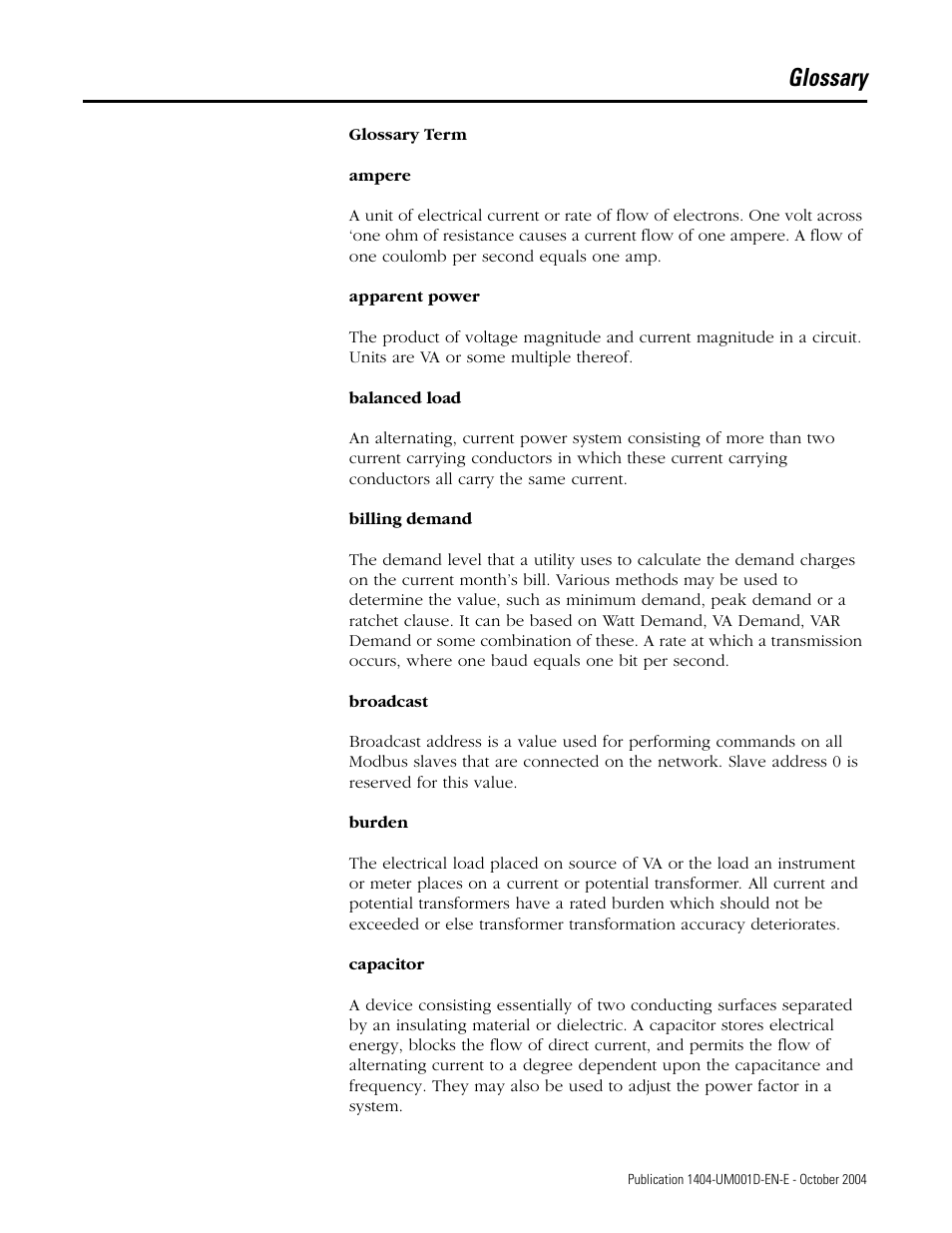 Glossary | Rockwell Automation 1404-M4_M5_M6_M8 Powermonitor 3000 User Manual, PRIOR to Firmware rev. 3.0 User Manual | Page 341 / 356