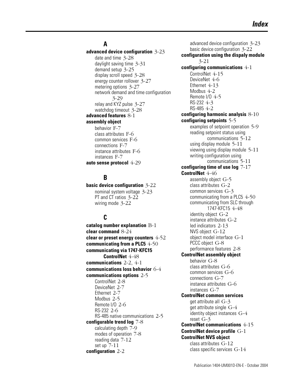 Index | Rockwell Automation 1404-M4_M5_M6_M8 Powermonitor 3000 User Manual, PRIOR to Firmware rev. 3.0 User Manual | Page 349 / 356