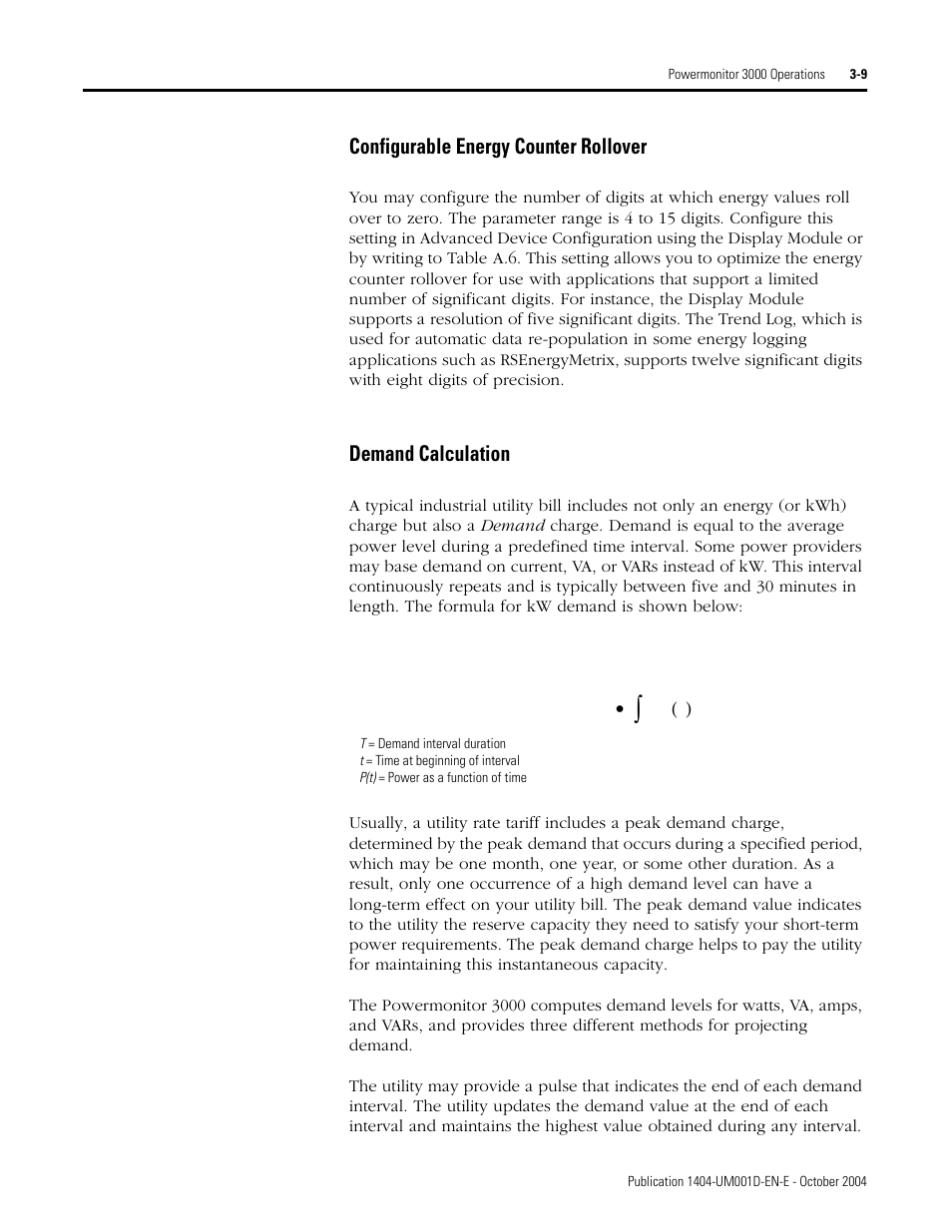 Configurable energy counter rollover, Demand calculation | Rockwell Automation 1404-M4_M5_M6_M8 Powermonitor 3000 User Manual, PRIOR to Firmware rev. 3.0 User Manual | Page 35 / 356