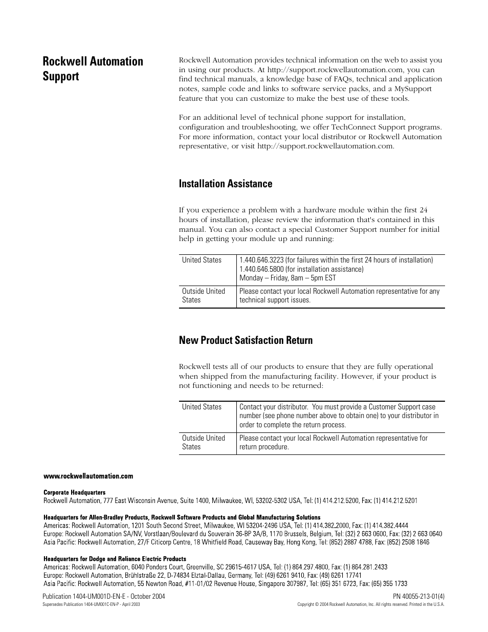 Rockwell automation support, Installation assistance, New product satisfaction return | Back cover | Rockwell Automation 1404-M4_M5_M6_M8 Powermonitor 3000 User Manual, PRIOR to Firmware rev. 3.0 User Manual | Page 356 / 356