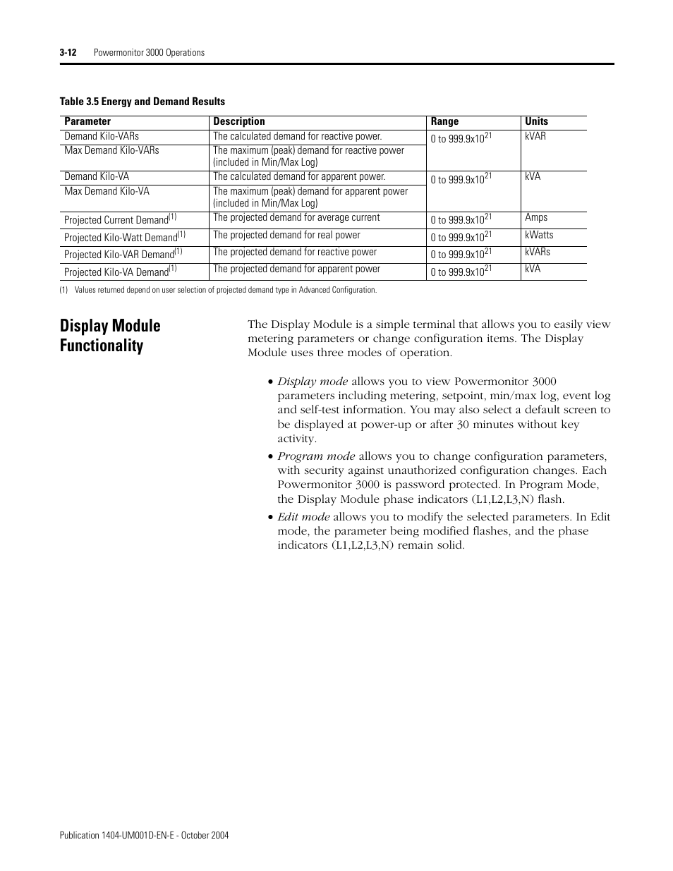 Display module functionality, Display module functionality -12 | Rockwell Automation 1404-M4_M5_M6_M8 Powermonitor 3000 User Manual, PRIOR to Firmware rev. 3.0 User Manual | Page 38 / 356