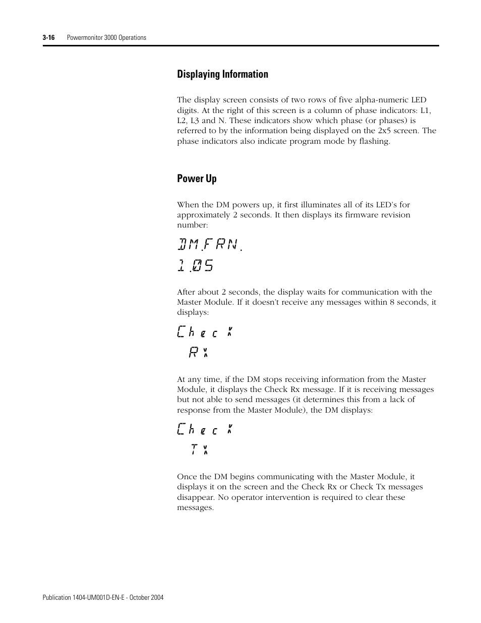 Displaying information, Power up | Rockwell Automation 1404-M4_M5_M6_M8 Powermonitor 3000 User Manual, PRIOR to Firmware rev. 3.0 User Manual | Page 42 / 356