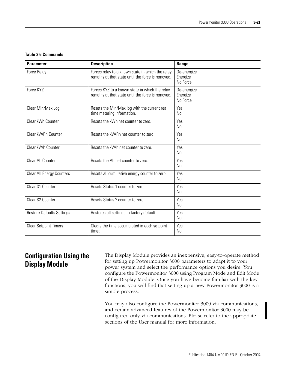 Configuration using the display module, Configuration using the display module -21 | Rockwell Automation 1404-M4_M5_M6_M8 Powermonitor 3000 User Manual, PRIOR to Firmware rev. 3.0 User Manual | Page 47 / 356