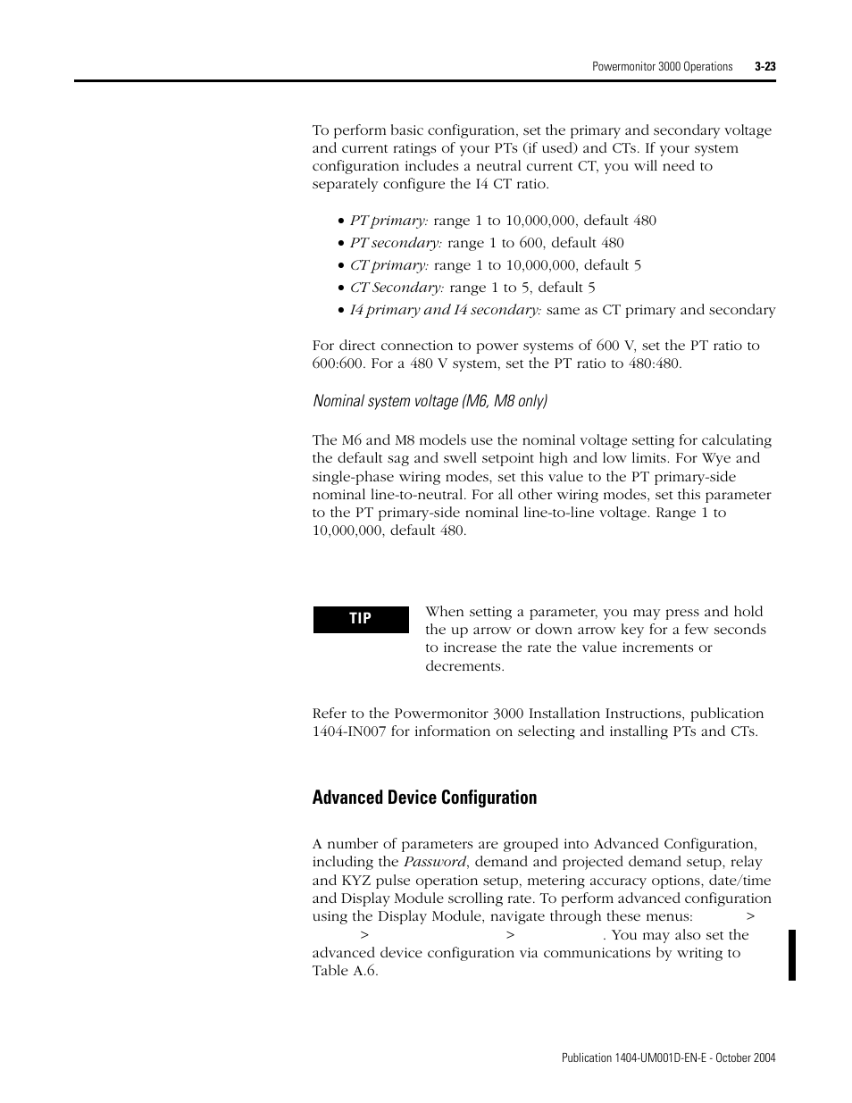 Advanced device configuration | Rockwell Automation 1404-M4_M5_M6_M8 Powermonitor 3000 User Manual, PRIOR to Firmware rev. 3.0 User Manual | Page 49 / 356