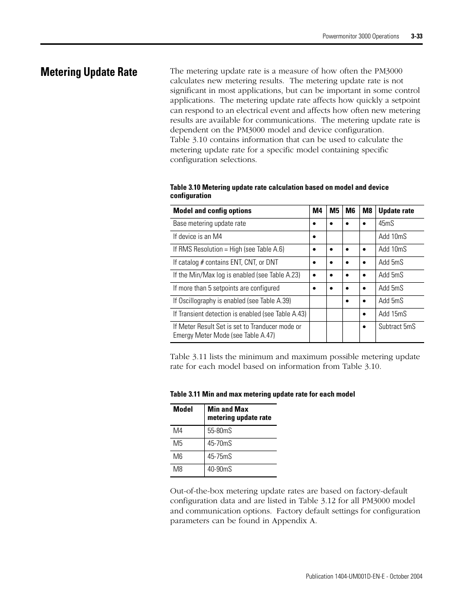 Metering update rate, Metering update rate -33 | Rockwell Automation 1404-M4_M5_M6_M8 Powermonitor 3000 User Manual, PRIOR to Firmware rev. 3.0 User Manual | Page 59 / 356