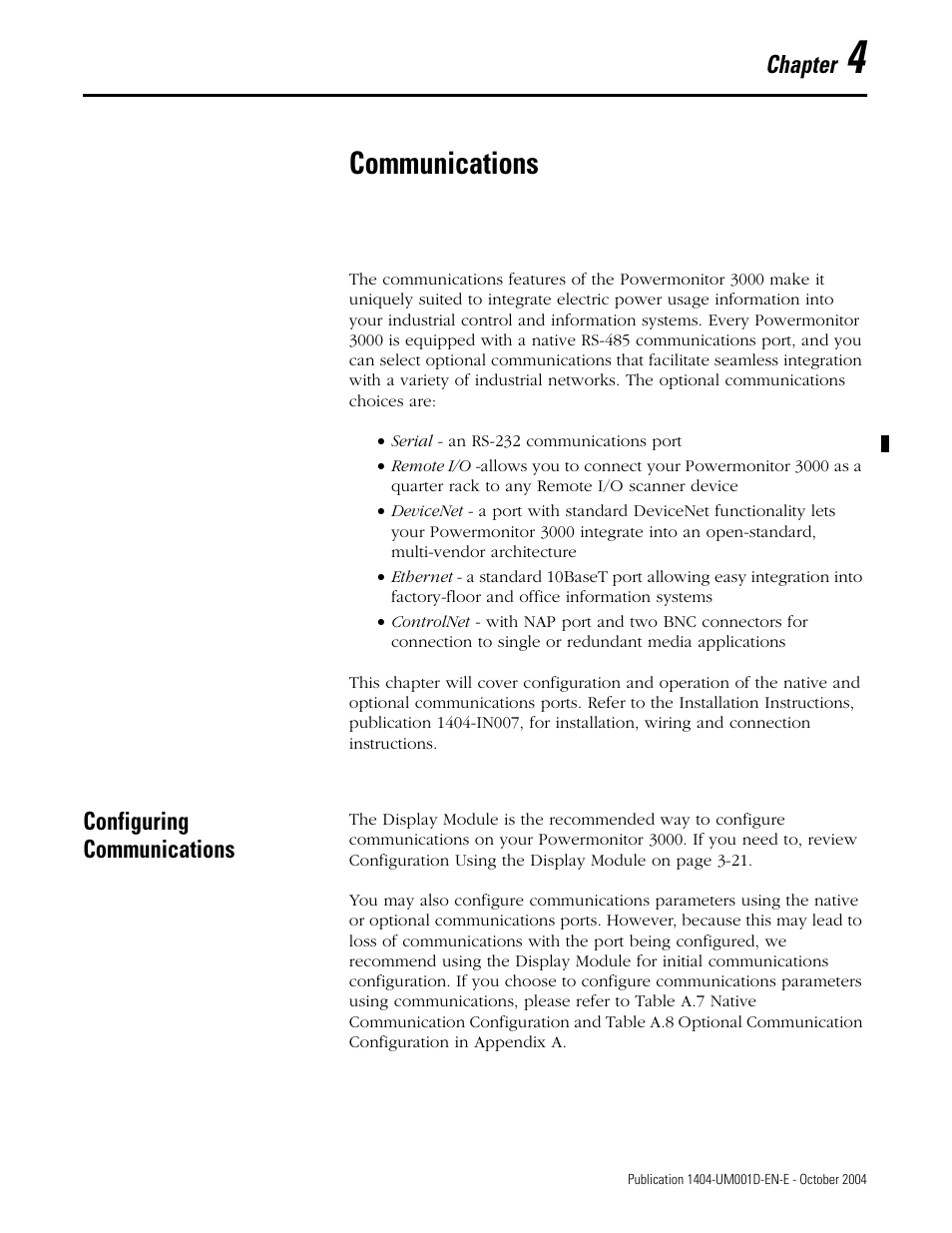 4 - communications, Configuring communications, Chapter 4 | Communications, Configuring communications -1, Chapter | Rockwell Automation 1404-M4_M5_M6_M8 Powermonitor 3000 User Manual, PRIOR to Firmware rev. 3.0 User Manual | Page 61 / 356