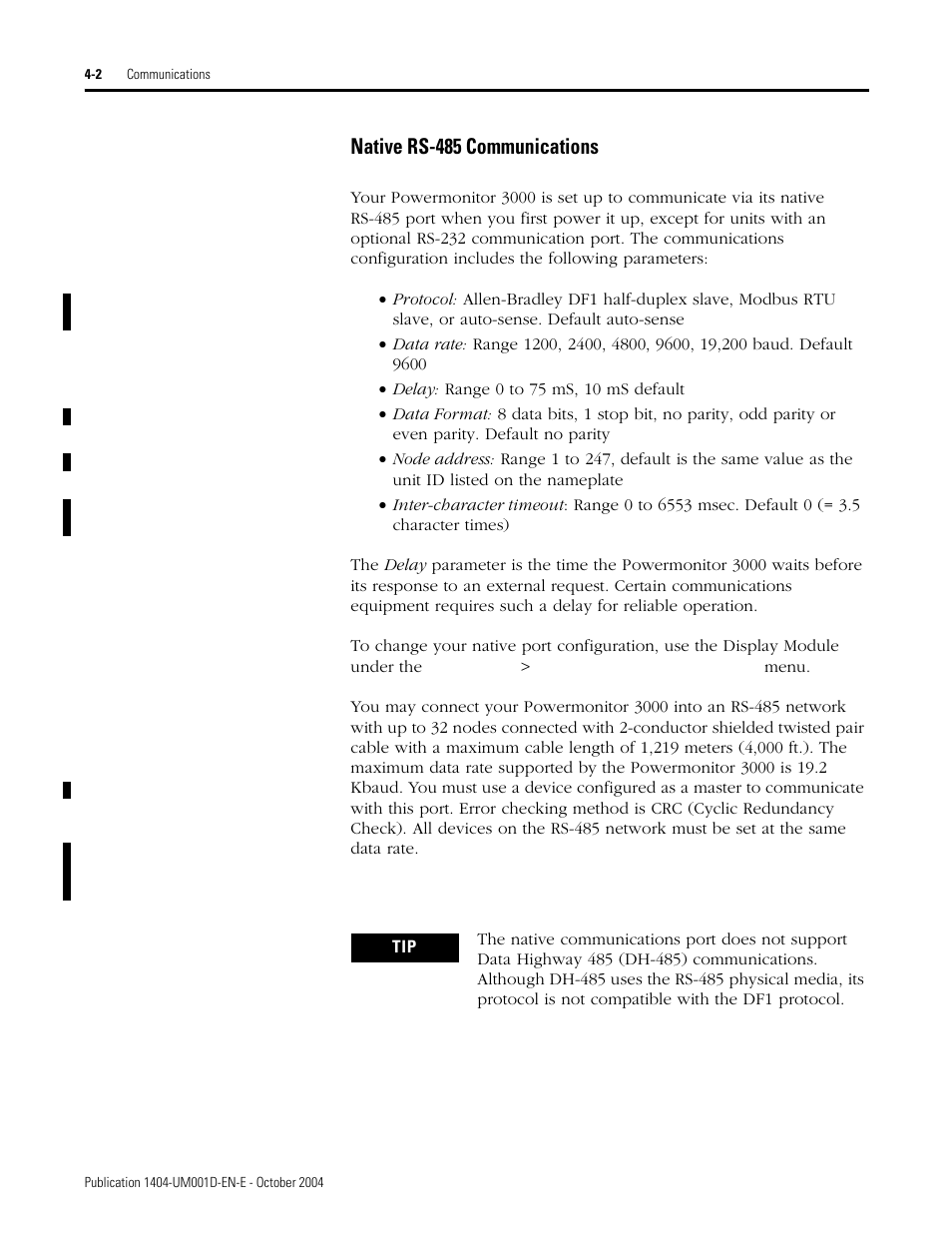 Native rs-485 communications | Rockwell Automation 1404-M4_M5_M6_M8 Powermonitor 3000 User Manual, PRIOR to Firmware rev. 3.0 User Manual | Page 62 / 356