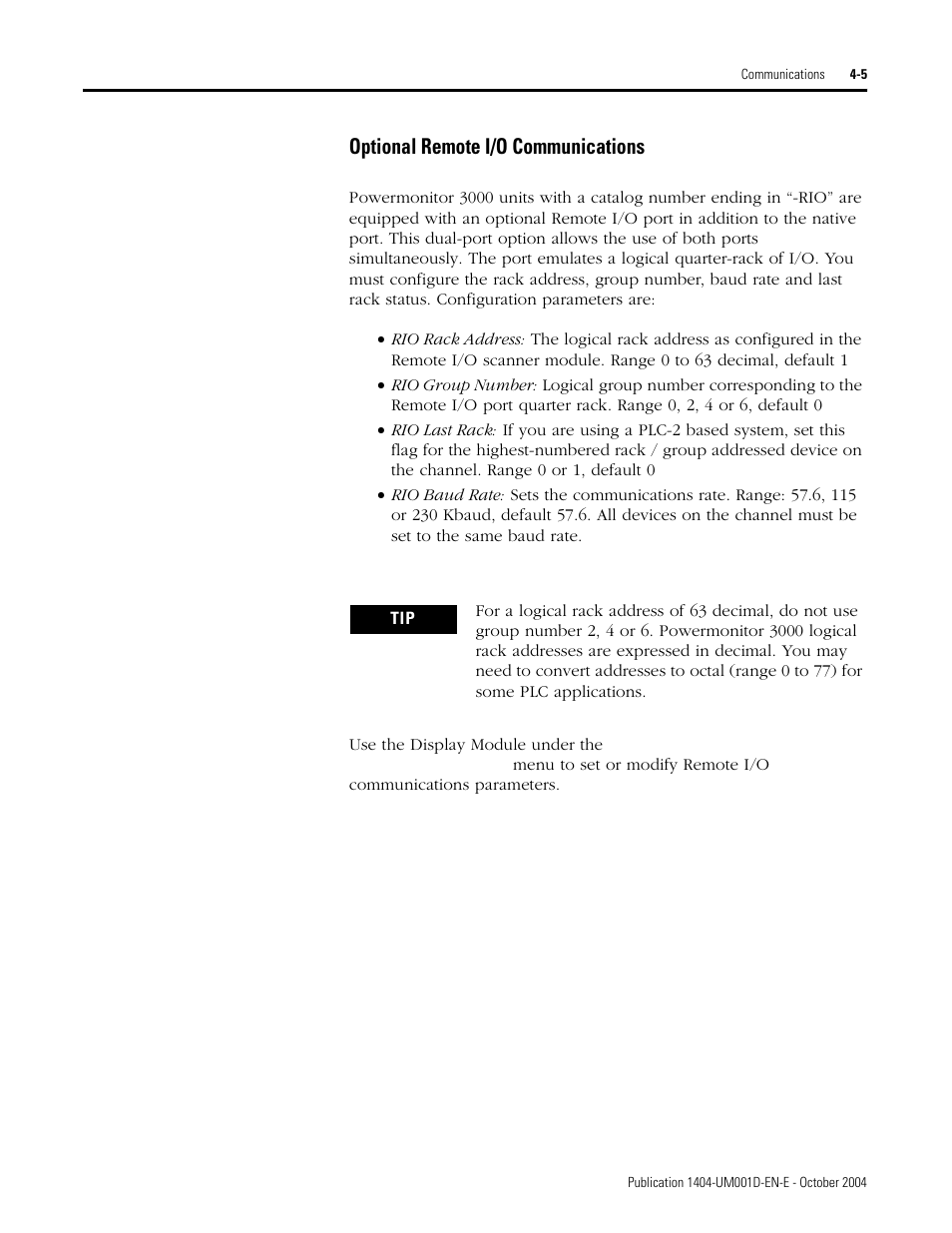 Optional remote i/o communications | Rockwell Automation 1404-M4_M5_M6_M8 Powermonitor 3000 User Manual, PRIOR to Firmware rev. 3.0 User Manual | Page 65 / 356