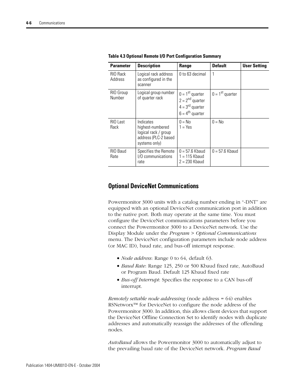 Optional devicenet communications | Rockwell Automation 1404-M4_M5_M6_M8 Powermonitor 3000 User Manual, PRIOR to Firmware rev. 3.0 User Manual | Page 66 / 356