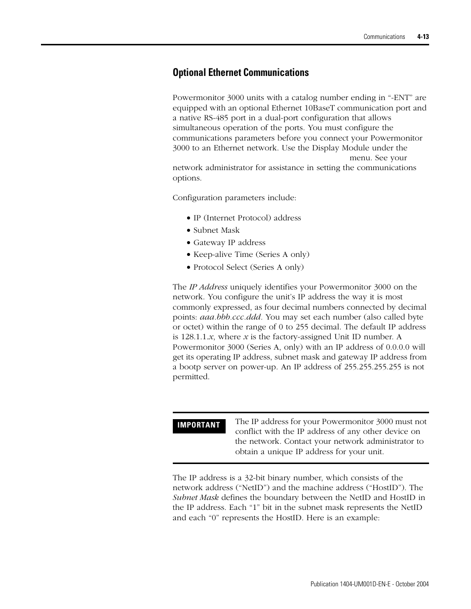 Optional ethernet communications | Rockwell Automation 1404-M4_M5_M6_M8 Powermonitor 3000 User Manual, PRIOR to Firmware rev. 3.0 User Manual | Page 73 / 356