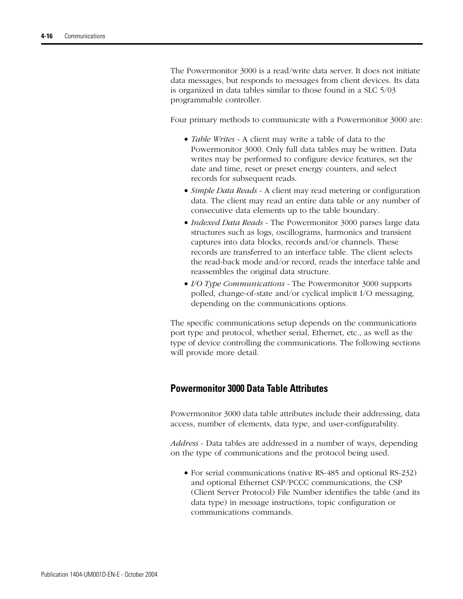 Powermonitor 3000 data table attributes | Rockwell Automation 1404-M4_M5_M6_M8 Powermonitor 3000 User Manual, PRIOR to Firmware rev. 3.0 User Manual | Page 76 / 356