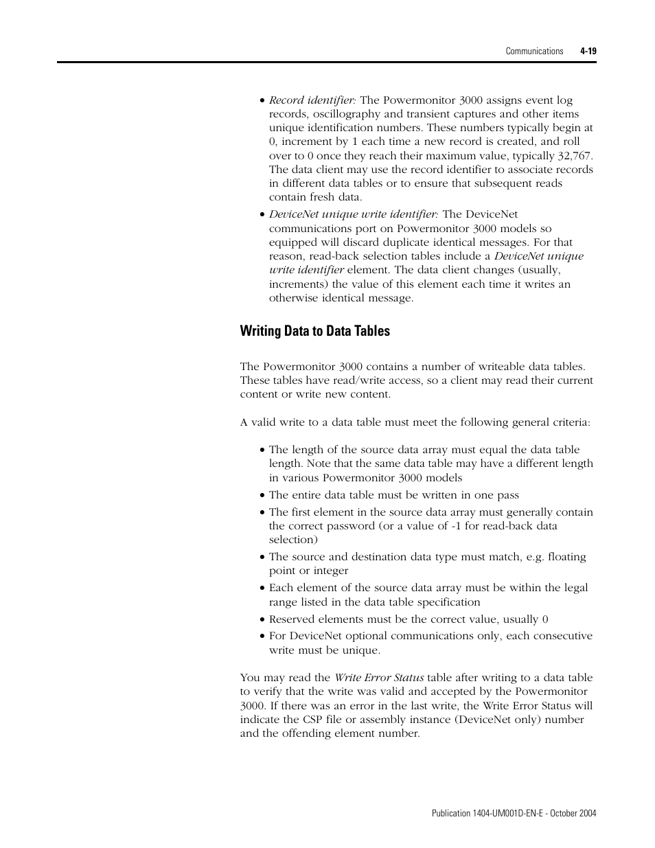 Writing data to data tables | Rockwell Automation 1404-M4_M5_M6_M8 Powermonitor 3000 User Manual, PRIOR to Firmware rev. 3.0 User Manual | Page 79 / 356