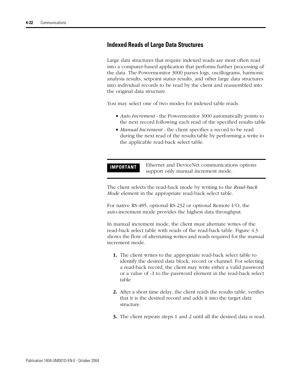 Indexed reads of large data structures | Rockwell Automation 1404-M4_M5_M6_M8 Powermonitor 3000 User Manual, PRIOR to Firmware rev. 3.0 User Manual | Page 82 / 356