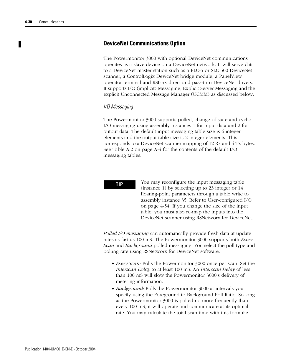 Devicenet communications option | Rockwell Automation 1404-M4_M5_M6_M8 Powermonitor 3000 User Manual, PRIOR to Firmware rev. 3.0 User Manual | Page 90 / 356