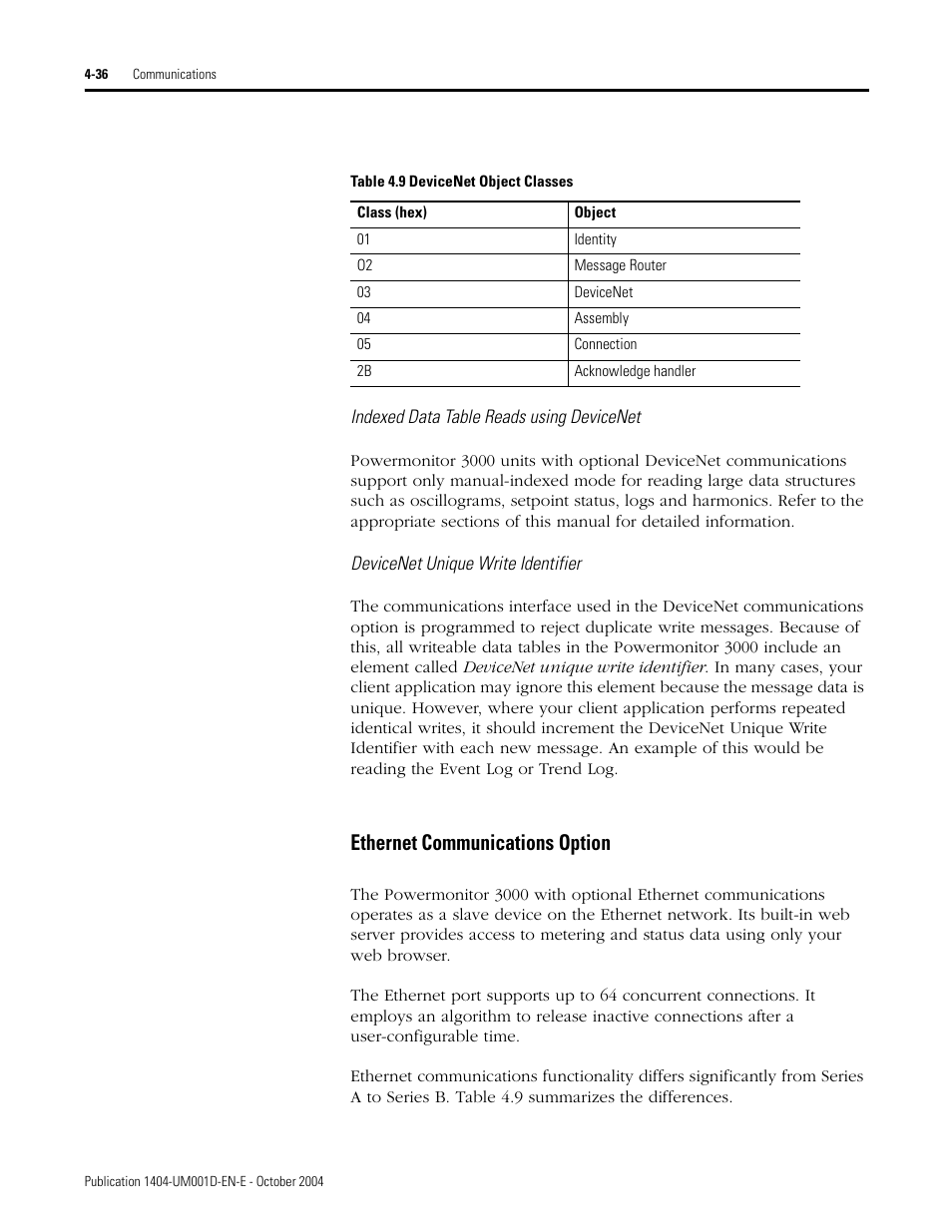 Ethernet communications option | Rockwell Automation 1404-M4_M5_M6_M8 Powermonitor 3000 User Manual, PRIOR to Firmware rev. 3.0 User Manual | Page 96 / 356