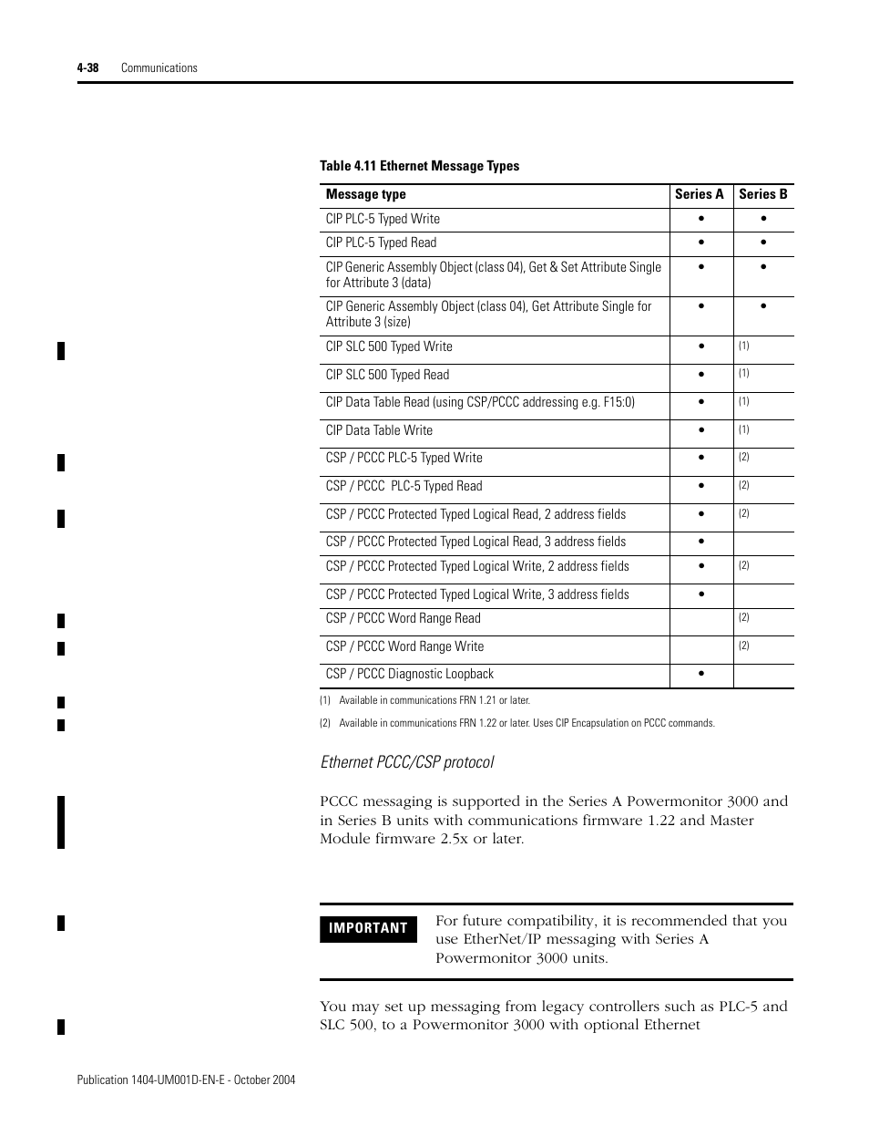 Ethernet pccc/csp protocol | Rockwell Automation 1404-M4_M5_M6_M8 Powermonitor 3000 User Manual, PRIOR to Firmware rev. 3.0 User Manual | Page 98 / 356