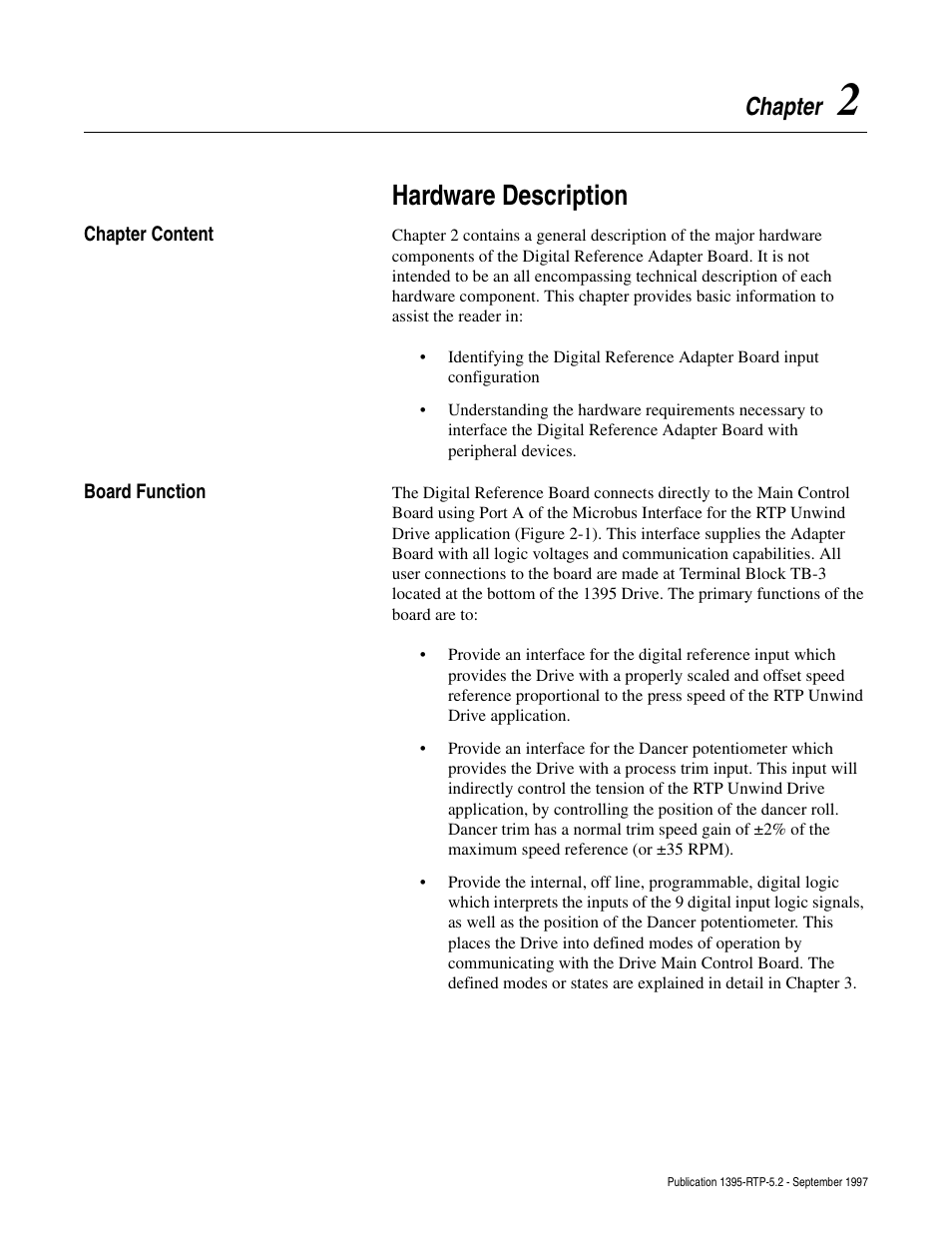 Chapter 2, Chapter content, Board function | Hardware description, Chapter | Rockwell Automation 1395 Digital Reference Adapter for RTP Applications User Manual | Page 13 / 69