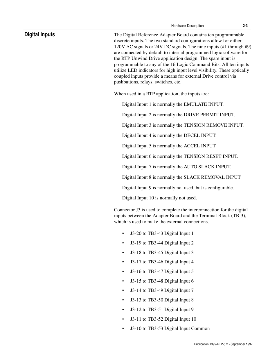 Digital inputs | Rockwell Automation 1395 Digital Reference Adapter for RTP Applications User Manual | Page 15 / 69