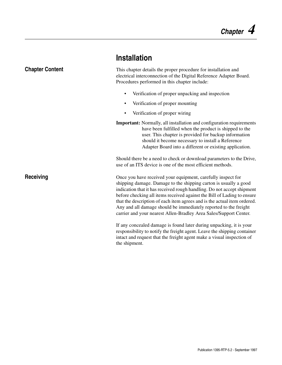 Chapter 4, Chapter content, Receiving | Installation, Chapter | Rockwell Automation 1395 Digital Reference Adapter for RTP Applications User Manual | Page 25 / 69