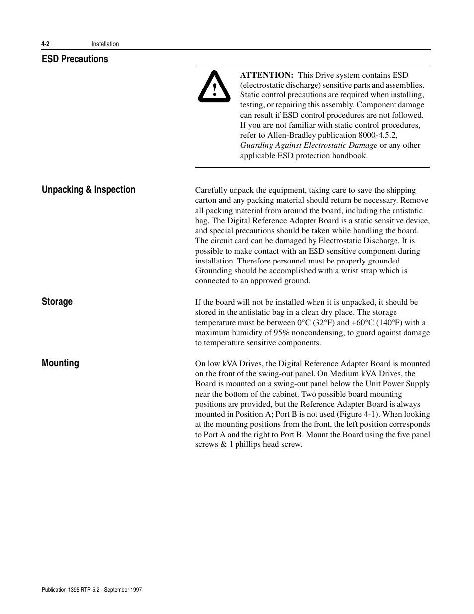 Esd precautions, Unpacking & inspection, Storage | Mounting | Rockwell Automation 1395 Digital Reference Adapter for RTP Applications User Manual | Page 26 / 69