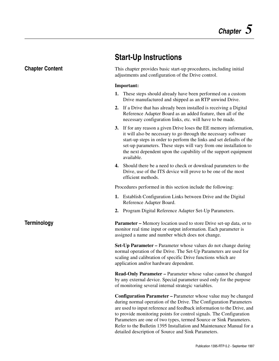 Chapter 5, Chapter content, Terminology | Start-up instructions, Chapter | Rockwell Automation 1395 Digital Reference Adapter for RTP Applications User Manual | Page 31 / 69